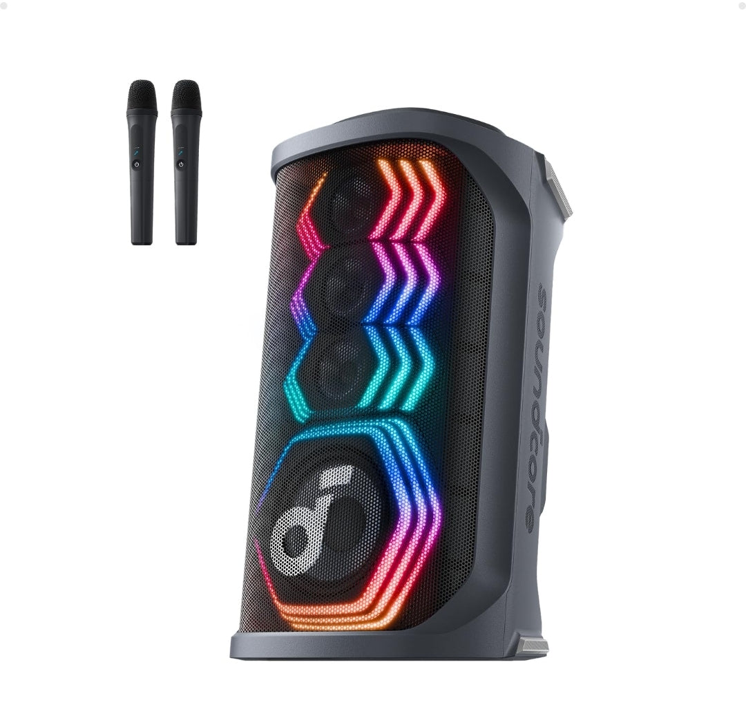 Soundcore Rave 3S AI Party Speaker with 2 Wireless Microphones, 200W Sound, AI Vocal Removal, Reverb, Light Show, 12H Playtime, Portable Bluetooth PA System for Home, Party, or Backyard