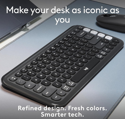 Logitech POP ICON Keys Draadlose Bluetooth-sleutelbord, Gerieflike Tik, Programmeerbare Sleutels, Maklik-Wissel tussen tot 3 Toestelle, vir Skootrekenaar, Tablet, PC – Grafiet en Wit