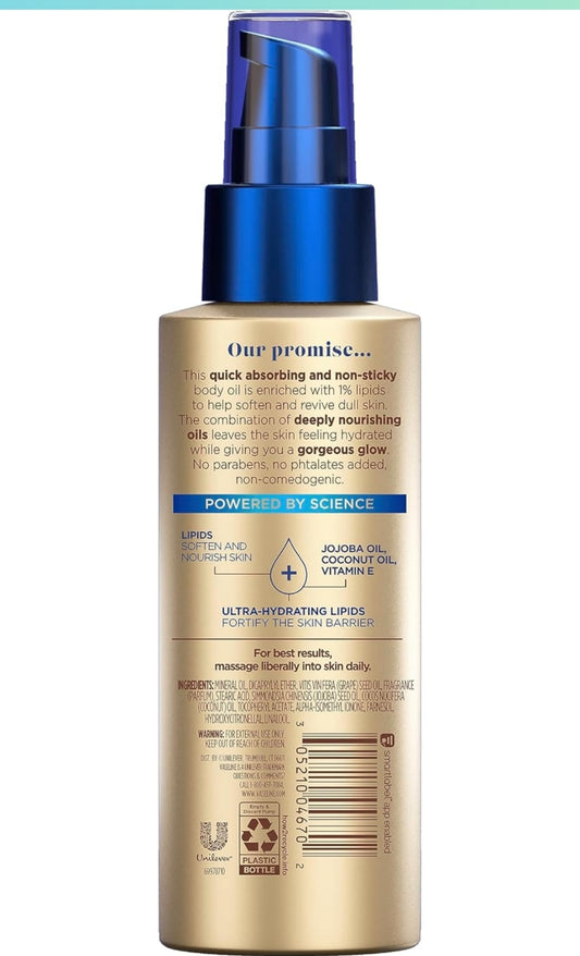 Vaseline Radiant X Aanvullende en Bevogtigende Liggaamsolie met 1% Lipiede, Jojoba-olie, Klapperolie, & Vitamien E 3.7 fl. oz