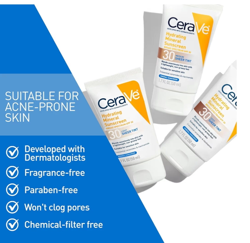 CeraVe Hydrating Mineral Sunscreen SPF 30 Getinte Minerale Sonskerm Meng Naatloos vir Gesonde Gloed, Medium (1.7 Vloeistof Onse)