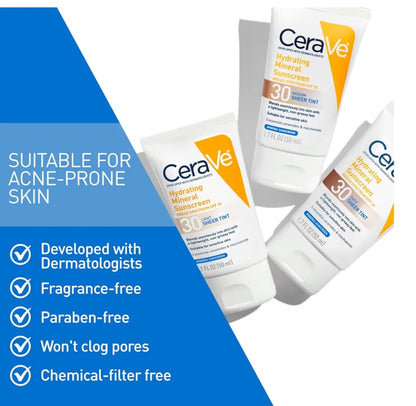 CeraVe Hydrating Mineral Sunscreen SPF 30 Getinte Minerale Sonskerm Meng Naatloos vir Gesonde Gloed, Medium (1.7 Vloeistof Onse)