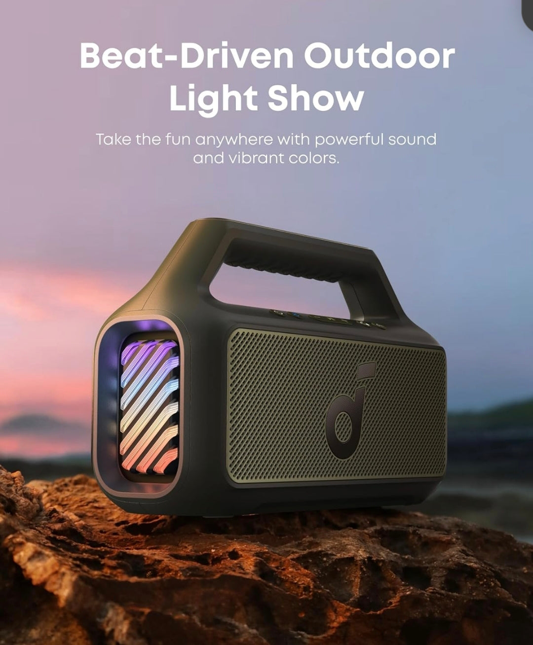 Soundcore Boom 2 By Anker, Outdoor Speaker, 80W, Subwoofer, BassUp 2.0, 24H Playtime, IPX7 Waterproof, Floatable, RGB Lights, USB-C, Custom EQ, Bluetooth 5.3, Portable for Camping, Beach, and Backyard