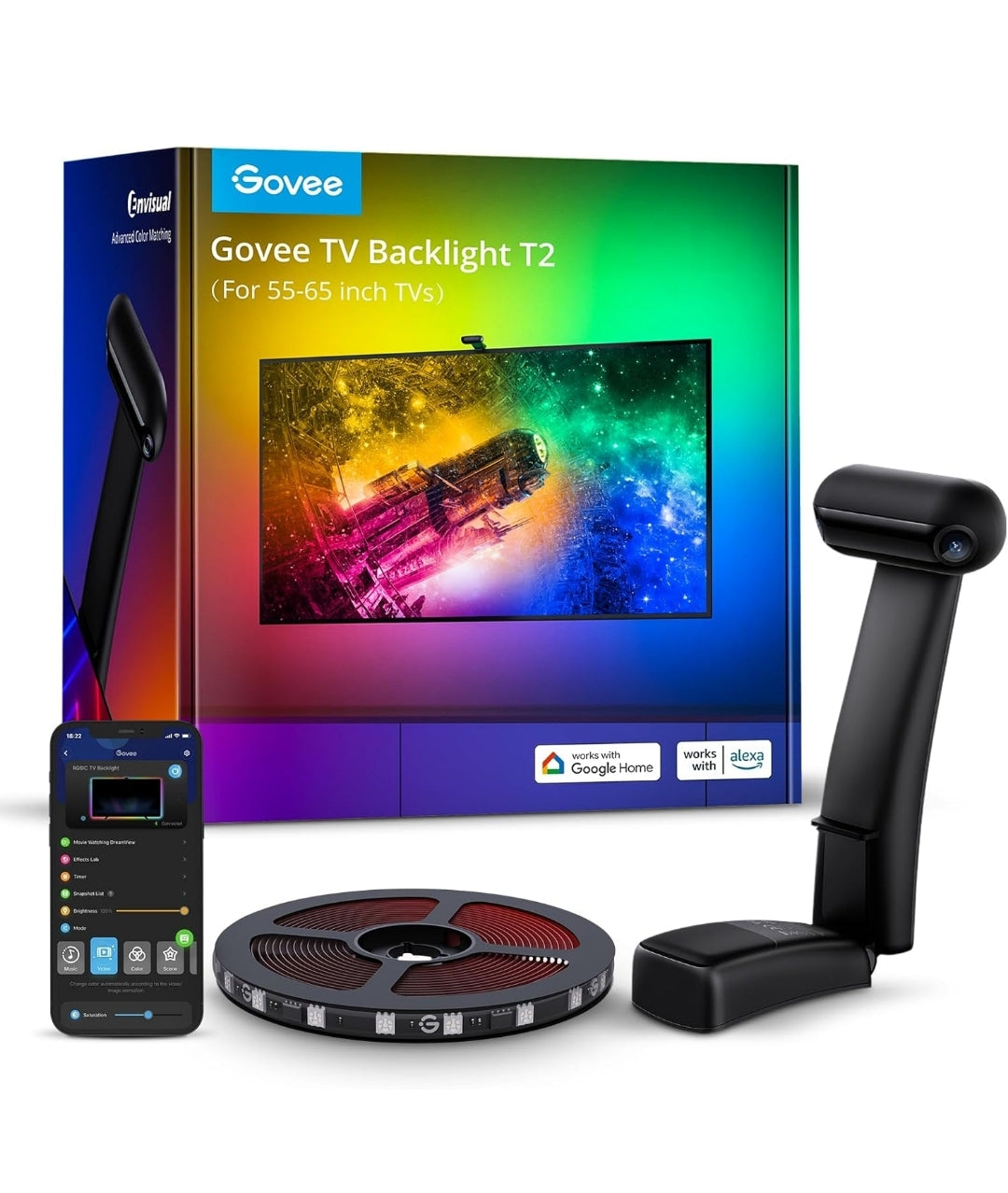 Govee Envisual TV LED Backlight T2 with Dual Cameras, 11.8ft RGBIC Wi-Fi LED Strip Lights for 55-65 inch TVs, Double Strip Light Beads, for Home Decorations, Smart App Control, Music Sync