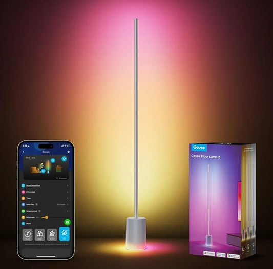 Govee Vloerlamp 2 met Matter, RGBIC, Warm Koel Wit LED, Alexa-versoenbaar, 1725lm, Musiek Sinkronisering, Toneelmodusse, Slim Vloerlamp vir Sitkamer, Slaapkamer, Silwer (1 Pak)
