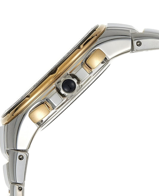 SEIKO Horlosie vir Mans - Coutura Versameling - Radio Sinkroniese Sonkrag Chronograaf, Tweekleurige Vlekvrye Staal Kas en Armband, Swart Wysplaat met Lumibrite Wyser en Merkers, en Datum Kalender