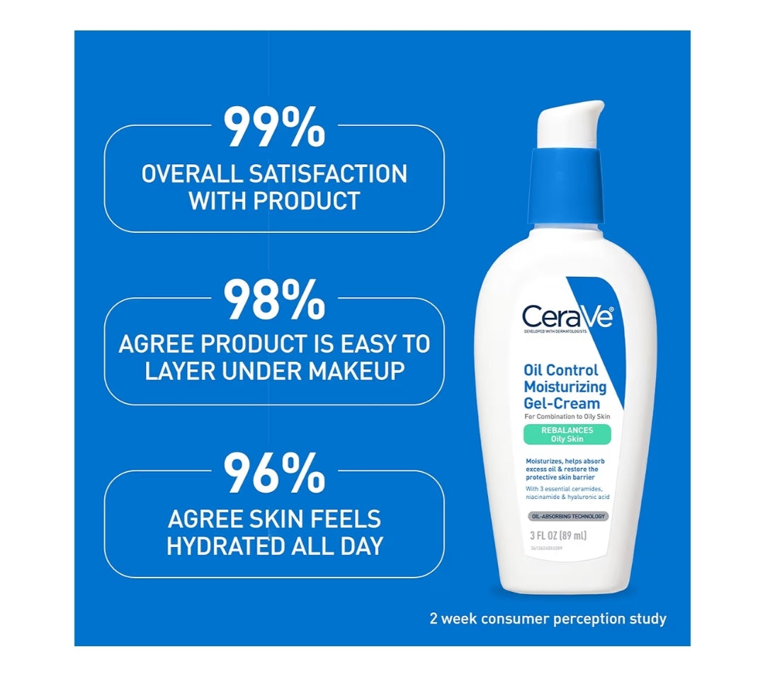 CeraVe Oil Control Moisturizing Gel-Cream, Face Moisturizer for Oily Skin, Niacinamide, Hyaluronic Acid & Oil Absorbing - Fragrance Free & Oil-Free