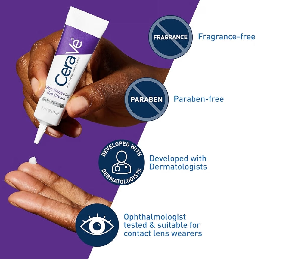 CeraVe Skin Renewing Oogroom vir Plertjies met Peptiede + Kafeïen + Niasinamied, Vir Plertjies en Kraai se Pote, Parabeenvry