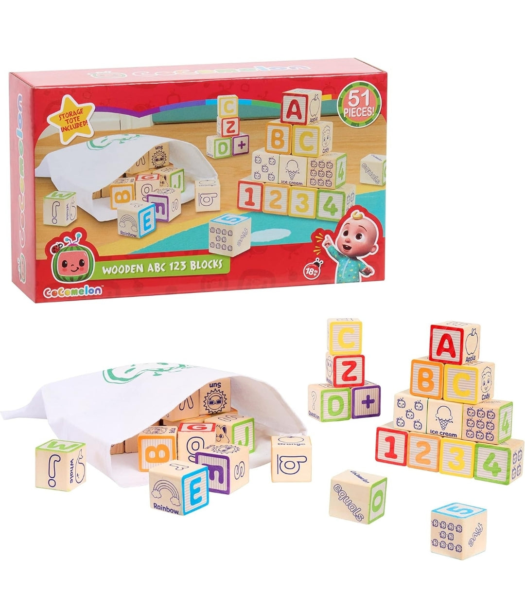 CoComelon 51-Piece Classic ABC Wooden Block Set, Preschool Building Toys, Learning and Education, Officially Licensed Kids Toys for Ages 18 Month, Amazon Exclusive