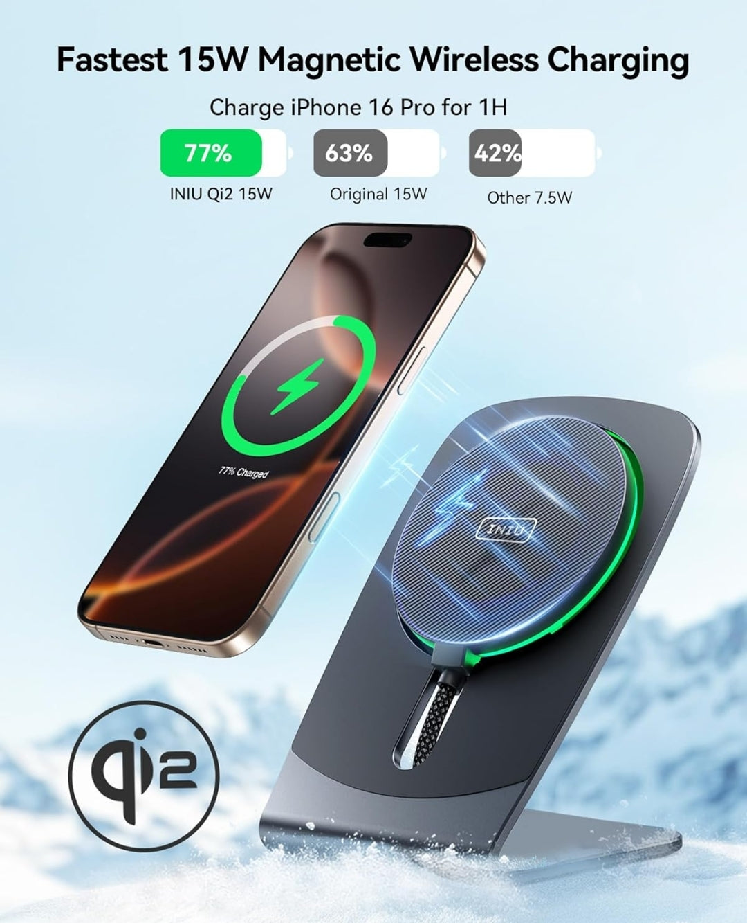 INIU Magnetic Wireless Charger Stand, Qi2 Certified 15W Mag-Safe Wireless Charging Pad with Cooling Fan, Fast Charging Pad for iPhone 16 15 14 13 12 Series AirPods 4 3 2 Pro (with Adapter)