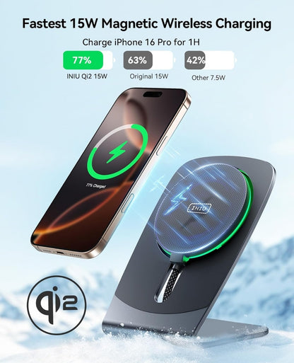 INIU Magnetic Wireless Charger Stand, Qi2 Certified 15W Mag-Safe Wireless Charging Pad with Cooling Fan, Fast Charging Pad for iPhone 16 15 14 13 12 Series AirPods 4 3 2 Pro (with Adapter)