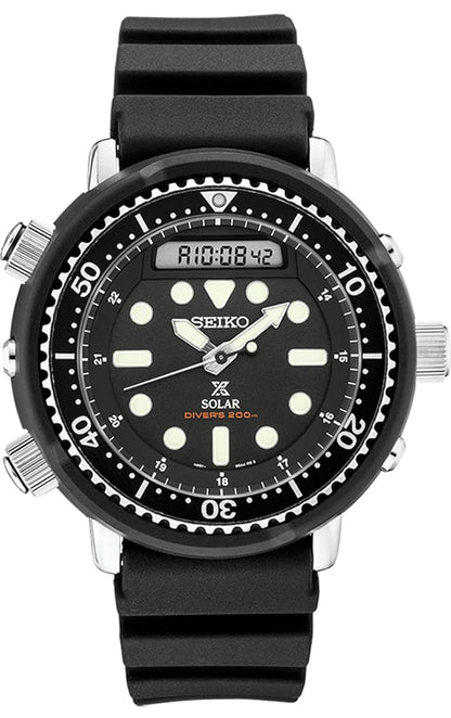 Seiko Hibried Duikhorlosie vir Mans - Prospex - Sonkrag, met Swart Wyserplaat, Liggewig Kas, en Stophorlosiefunksie, 200m Waterbestand