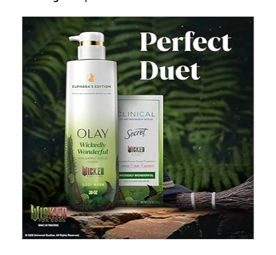 Olay Body Wash Wickedly Wonderful Elphaba’s Edition, Intensely Hydrating Pro-Hyaluronic Acid Serum w/ Vitamin B3 -  Cashmere Woods & Lime Scent (2 ct)