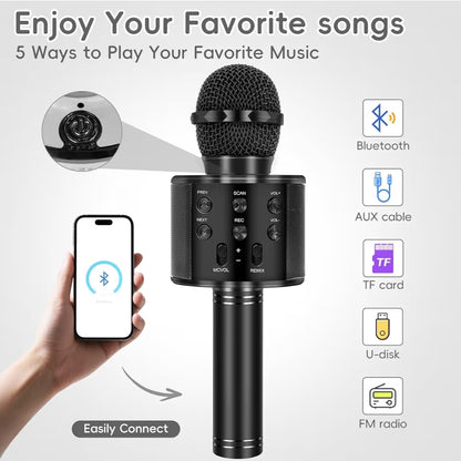 Draadlose BT 5-in-1 Draagbare Handheld Karaoke Mikrofone Luidspreker Speler Opnemer m/ Verstelbare Herskepping FM Radio - (Mat Swart)