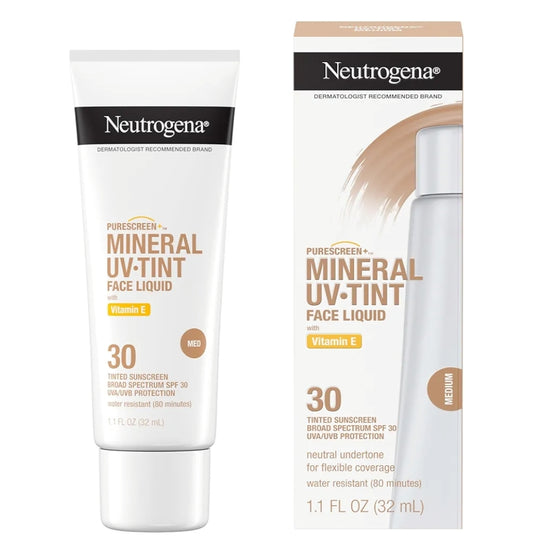 Neutrogena Purescreen+ Getinte Sonskerm vir Gesig SPF 30 Sinkoksied en Vitamien E, Waterbestand, Geurvry Medium (1.1 fl oz)