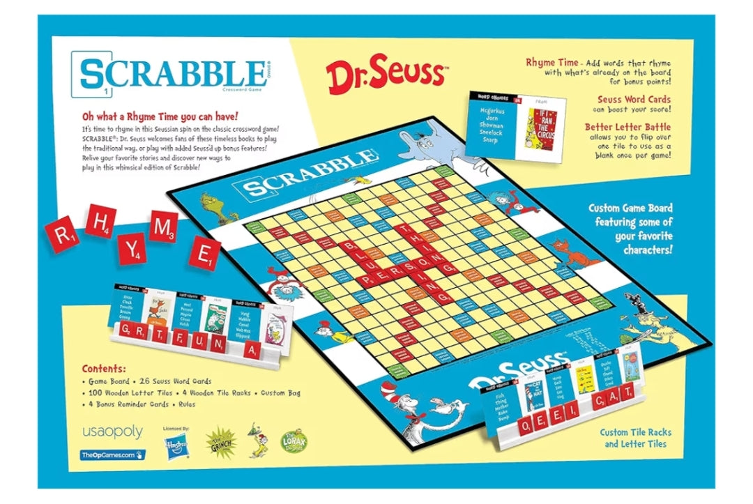 Scrabble Dr. Seuss Board Game | Official Scrabble Game with a Rhyming Twist | Custom Dr. Seuss Cards and Themed Scrabble Board | Bonus Points | Play Traditional Rules Plus New Features