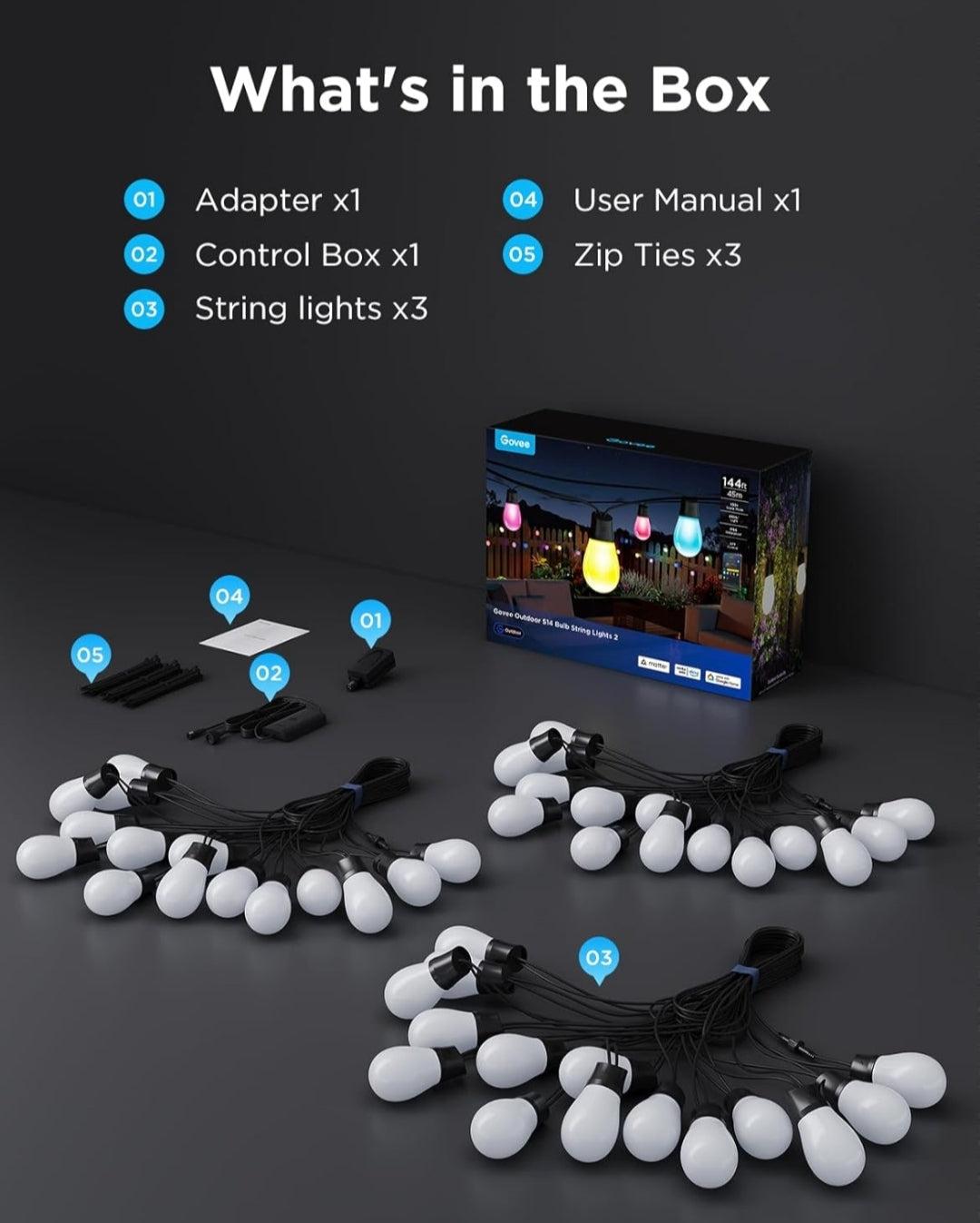 Govee Outdoor S14 Bulb String Lights 2, 144ft Smart RGBIC Warm White Patio Lights with 45 LED Bulbs, 111 Scene Modes for Outdoor Decor, Works with Alexa, Google, Matter, APP Control, IP66 Waterproof
