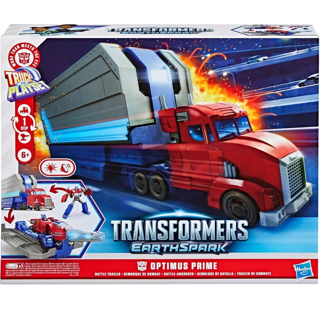 TRANSFORMERS EarthSpark Optimus Prime Battle Trailer Playset with Action Figure, Lights and Sounds, Electronic Truck Toys for Kids 6 and Up