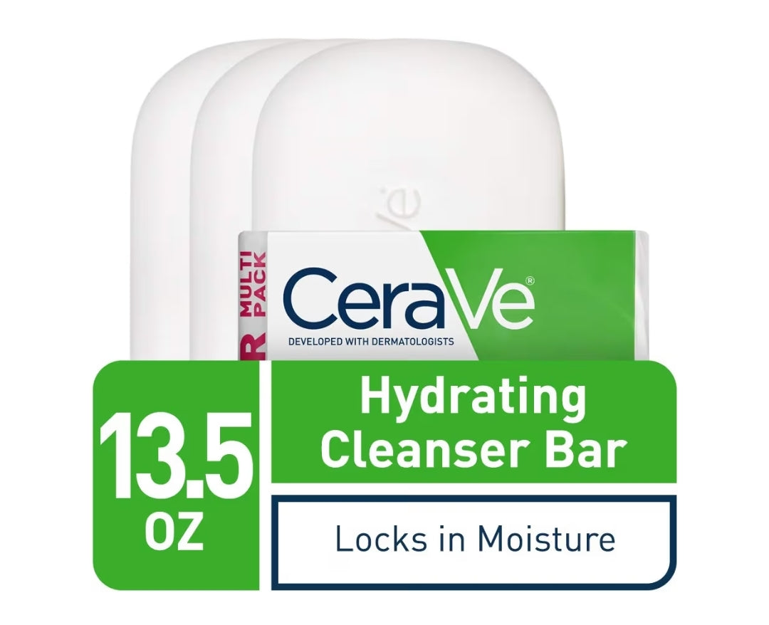 CeraVe Hydrating Cleanser Bar, Seepvrye Liggaam- en Gesigsreiniger met 5% Bevogtigende Room, Reukvry, 3-pak, 4.5 Ons Elk