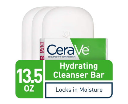 CeraVe Hydrating Cleanser Bar, Seepvrye Liggaam- en Gesigsreiniger met 5% Bevogtigende Room, Reukvry, 3-pak, 4.5 Ons Elk