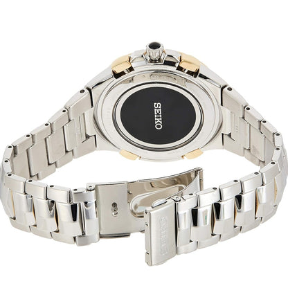 SEIKO Horlosie vir Mans - Coutura Versameling - Radio Sync Sonkrag Chronograph, Tweekleurige Vlekvrye Staal Kas & Armband, Swart Wysplaat met Lumibrite Wyser & Merkers, en Datum Kalender