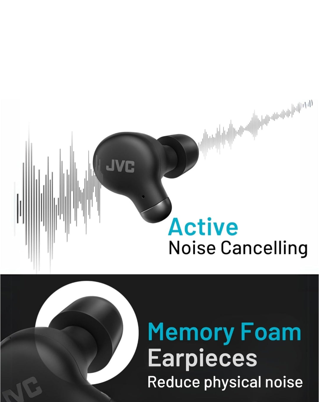 JVC Aktiewe Geraasdempende Ware Draadlose Oorfone - Bluetooth 5.3 met ANC - Gemaklike Pasvorm met S/M/L Silikoon- & Geheueskuim-oordopjes - IPX4 Waterbestand - 28 Uur Speeltyd - Kompakte Laaikassie