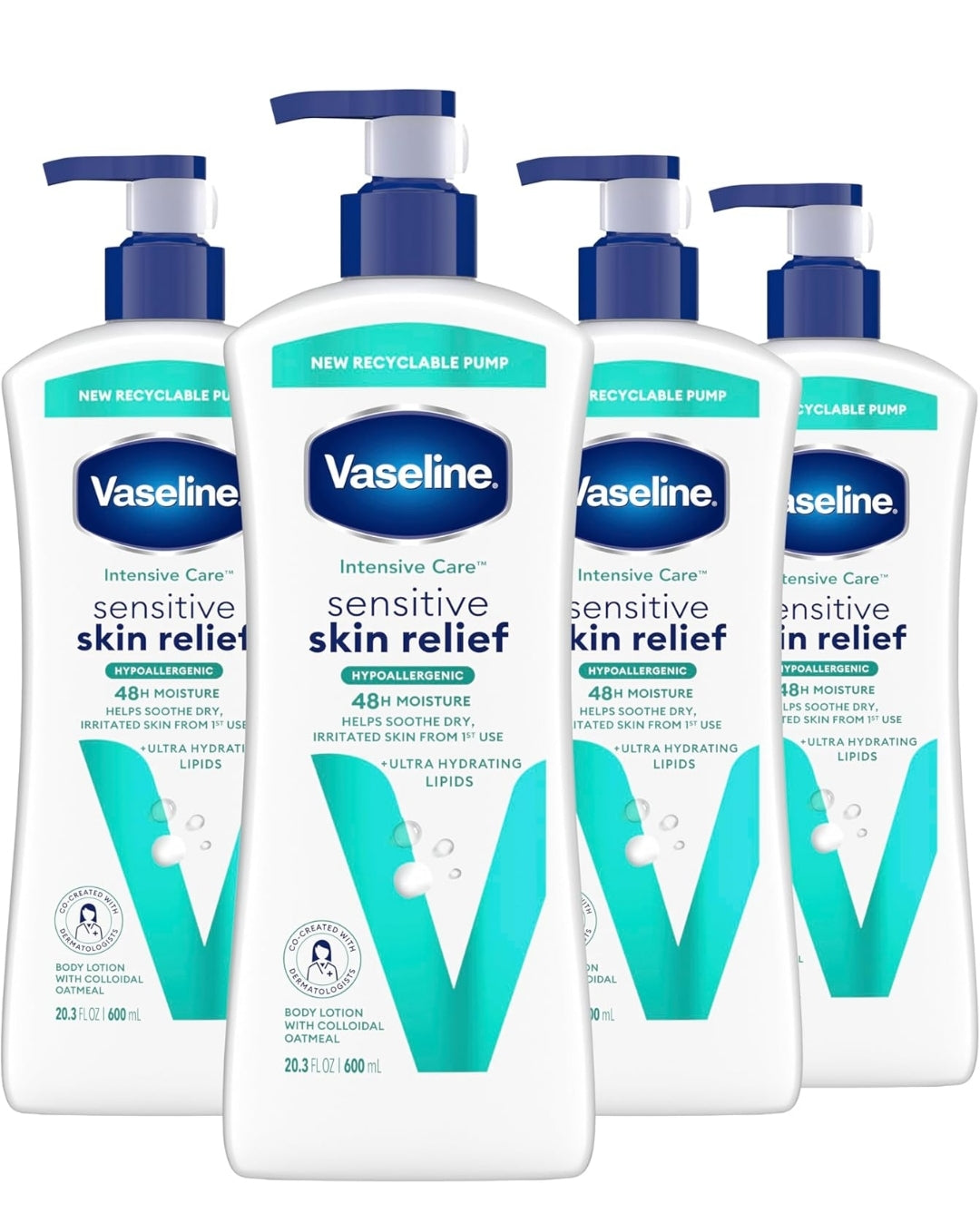 Vaseline Intensive Care Body Lotion 4 Pack Sensitive Skin Relief For Dry Skin With Colloidal Oatmeal and Ultra-Hydrating Lipids 20.3 oz