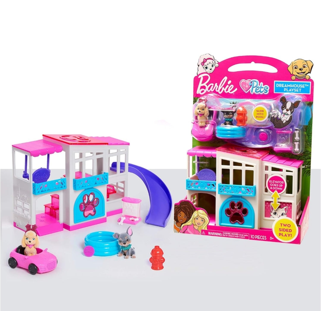 Barbie Pet Dreamhouse 2-Sided Playset, 10-pieces Include Pets and Accessories, 1-inch Pets, Kids Toys for Ages 3 Up by Just Play