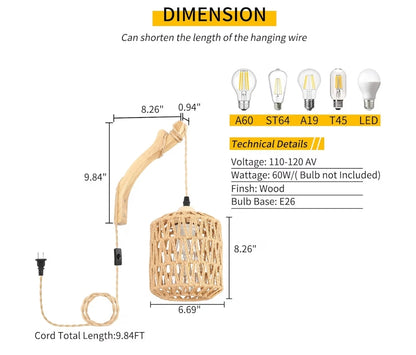 Handgeweefde Rottangligte Insteekmuurlampe Boho Beligting Stel van Twee, Lamp met Koord, Gemonteerde Lig