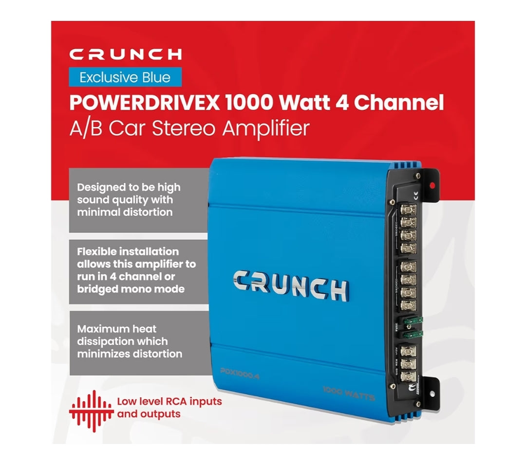 Crunch PDX-1000.4 PowerDriveX 1000 Watt 4 Kanaal Eksklusiewe Blou A/B Kar Stereo Versterker - NUUT