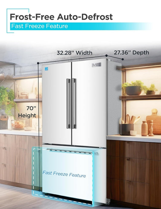 BLACK+DECKER 18 Kubieke Voet Franse Deur Yskas met Ingeboude Ysmaker, Volgrootte Yskas met Ondergemonteerde Vrieslaai, Rypvry, ENERGY STAR-gesertifiseer, BRF1800GIMW, Wit