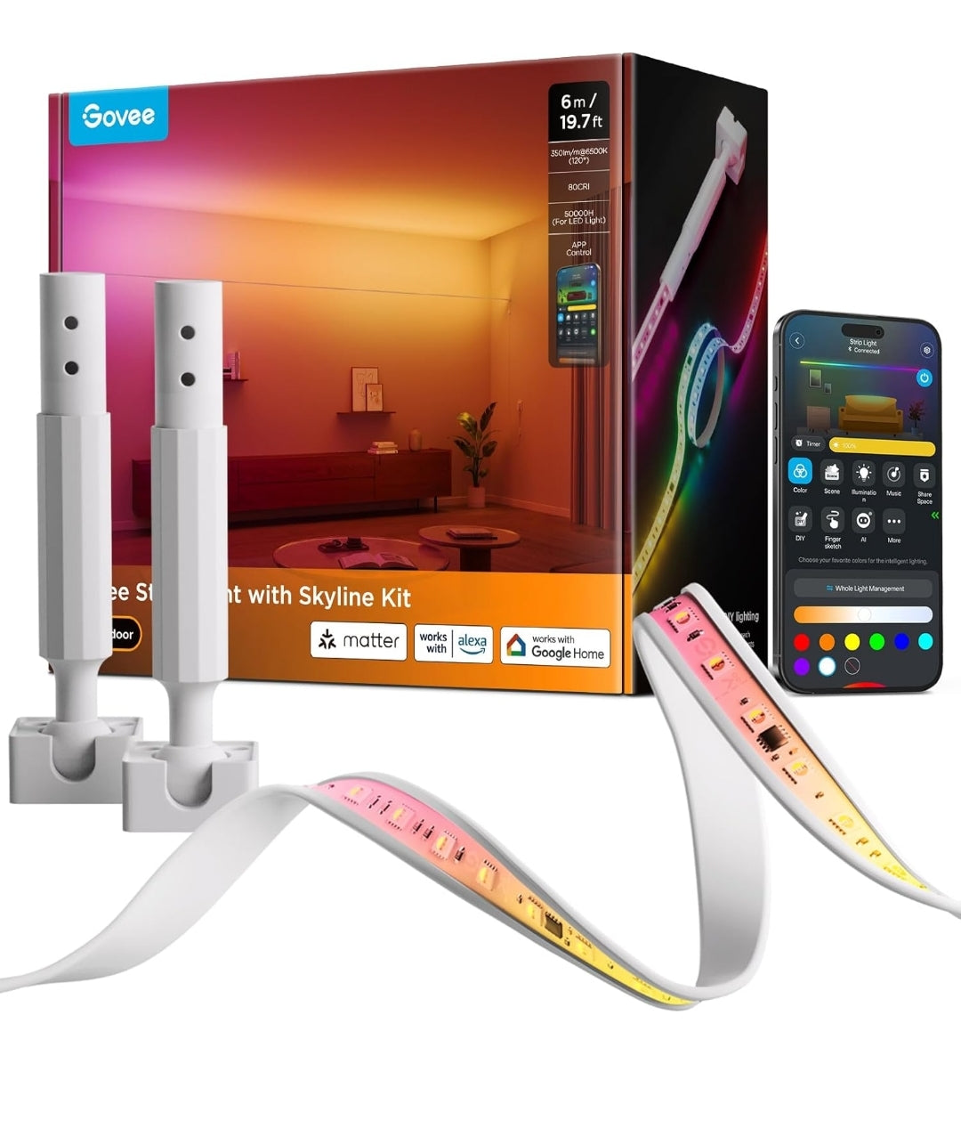 Govee Strip Light with Skyline Kit, 19.7ft Smart LED Strip Lights Compatible with Alexa, Google Assistant and Matter, RGBWWIC Color Changing Light Strip, Music Sync, LED Lights for Bedroom, Party