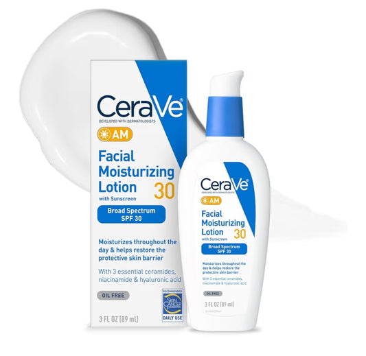 CeraVe AM Gesigsbevogtigende Lotion met SPF 30, Olievrye Gesigsbevogtiger met Hialuronzuur, Niasienamied en Seramiede, Nie-komedogenies (85 g)