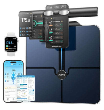 Smart Scale 8-Electrode Body Composition with BMI, Body Fat, Muscle Mass, Rechargeable Body Fat Scale with Full-Color TFT LCD on Handle