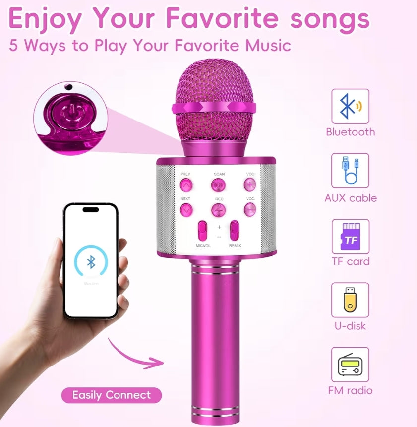 Draadlose BT 5-in-1 Draagbare Handheld Karaoke Mikrofone Luidspreker Speler Opnemer m/ Verstelbare Remix FM Radio vir Kinders – Warm Pienk