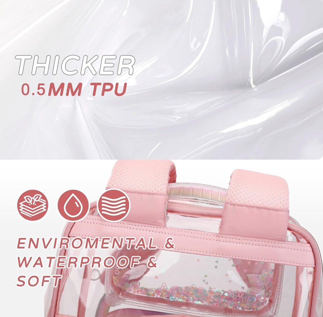 Clear Backpack for Girls Women Transparent Kids Elementary College School Bag Travel Laptop Backpacks Large Bookbags (Pink)