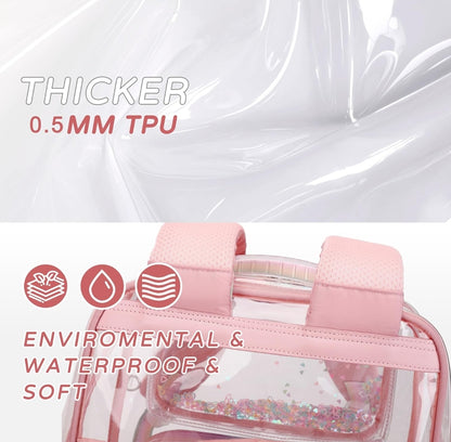Clear Backpack for Girls Women Transparent Kids Elementary College School Bag Travel Laptop Backpacks Large Bookbags (Pink)