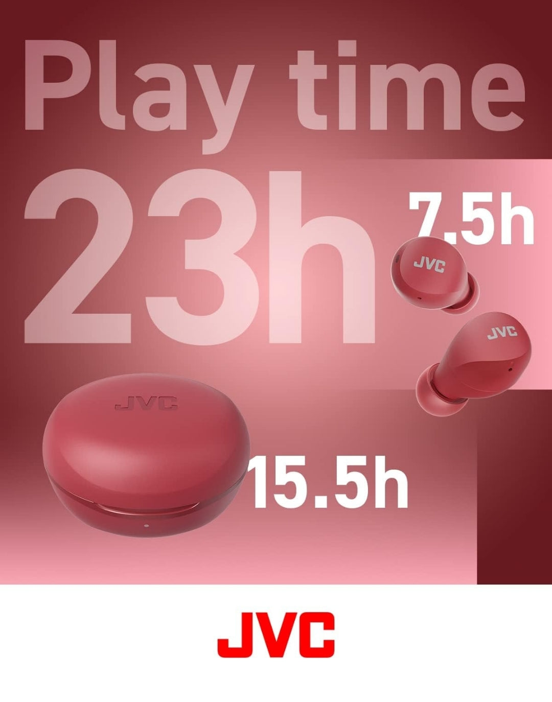 JVC Kompakte en Liggewig Gumy Mini Ware Draadlose Oorfone, Lang Batterylewe (tot 23 Ure), Klank met Neodymium Magneetbestuurder, Waterbestandheid (IPX4) - HAA6TR (Rooi)