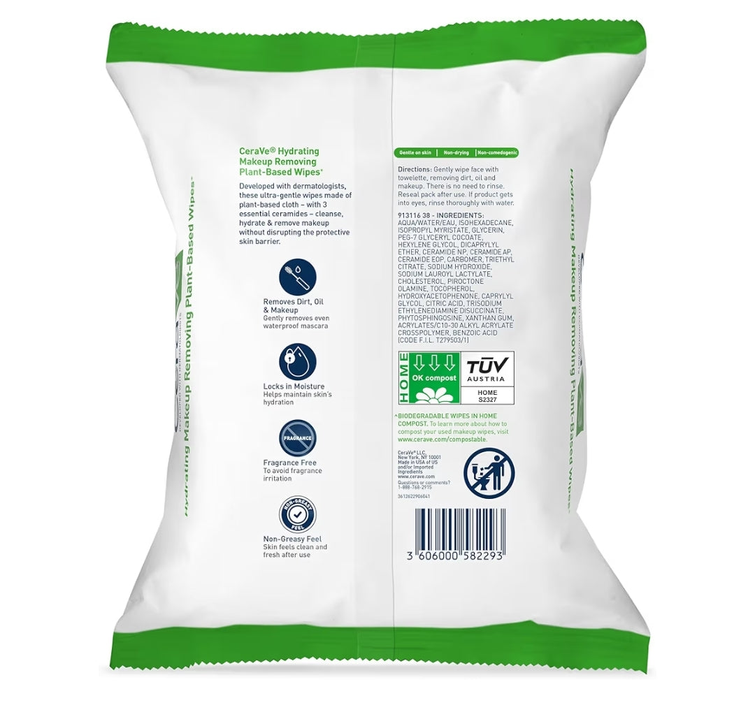 CeraVe Grimeringverwyderingsdoekies, Plantgebaseerde Gesigsdoekies Waterlose Gesigwas Geskik vir Sensitiewe Vel Nie-komedogenies (25st)