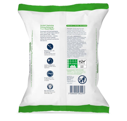 CeraVe Grimeringverwyderingsdoekies, Plantgebaseerde Gesigsdoekies Waterlose Gesigwas Geskik vir Sensitiewe Vel Nie-komedogenies (25st)