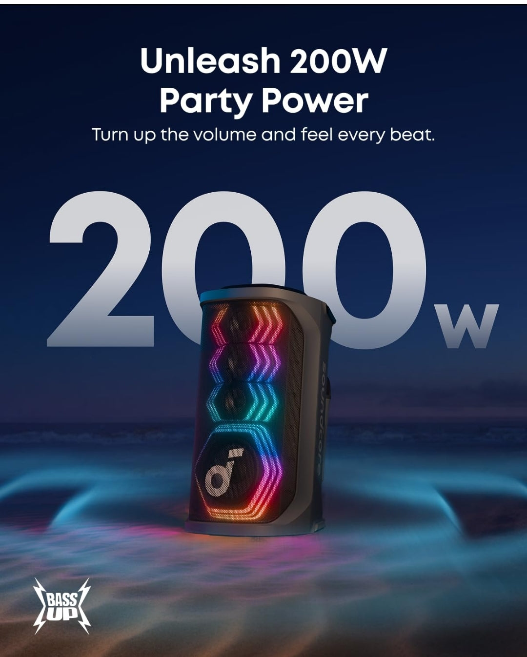 Soundcore Rave 3S AI Party Speaker with 2 Wireless Microphones, 200W Sound, AI Vocal Removal, Reverb, Light Show, 12H Playtime, Portable Bluetooth PA System for Home, Party, or Backyard