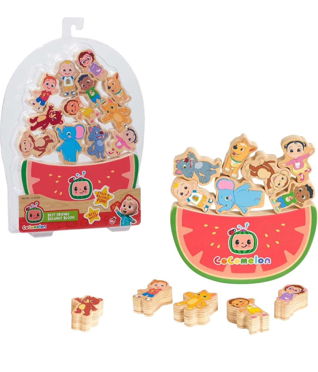 Just Play CoComelon Best Friends Wooden Balance Blocks, Recycled Wood, Kids Toys for Ages 18 Month