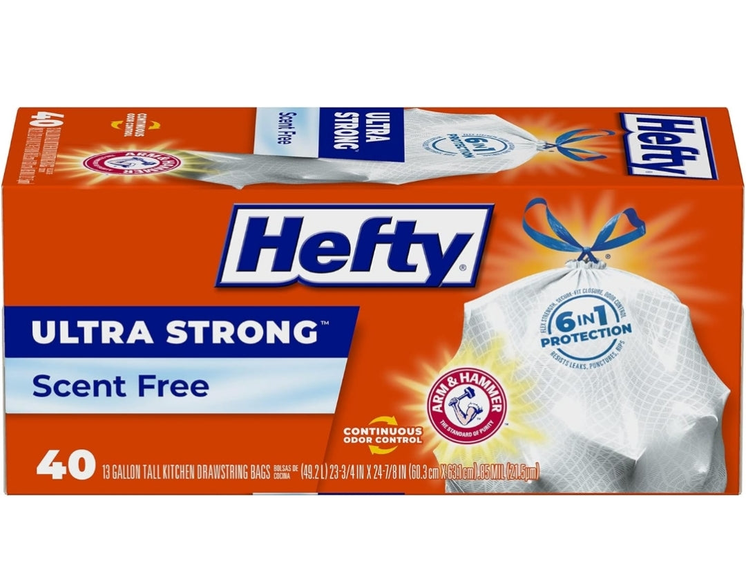 Hefty Ultra Strong 13 Gallon Trash Bags Drawstring Closure Odor Control - White/Unscented (40 Bags)