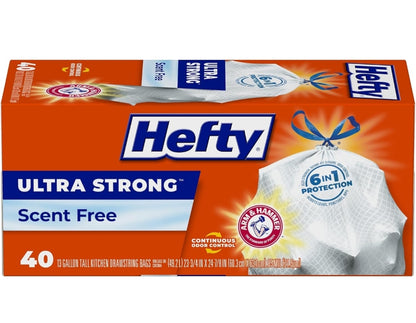 Hefty Ultra Strong 13 Gallon Trash Bags Drawstring Closure Odor Control - White/Unscented (40 Bags)