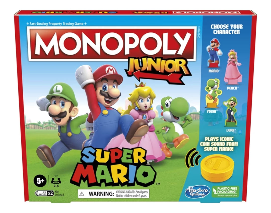 Monopoly Junior Super Mario Edition Board Game - Explore The Mushroom Kingdom as Mario, Peach, Yoshi, or Luigi