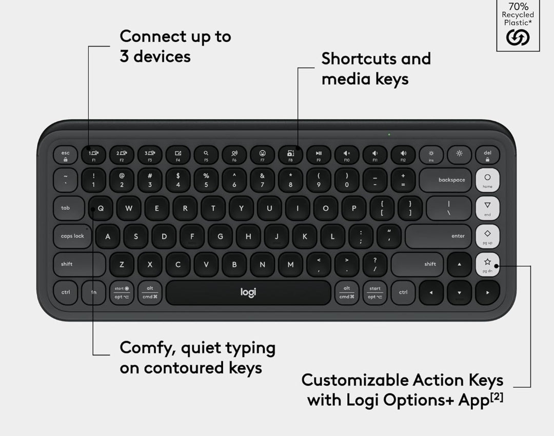 Logitech POP ICON Keys Draadlose Bluetooth-sleutelbord, Gerieflike Tik, Programmeerbare Sleutels, Maklik-Wissel tussen tot 3 Toestelle, vir Skootrekenaar, Tablet, PC – Grafiet en Wit