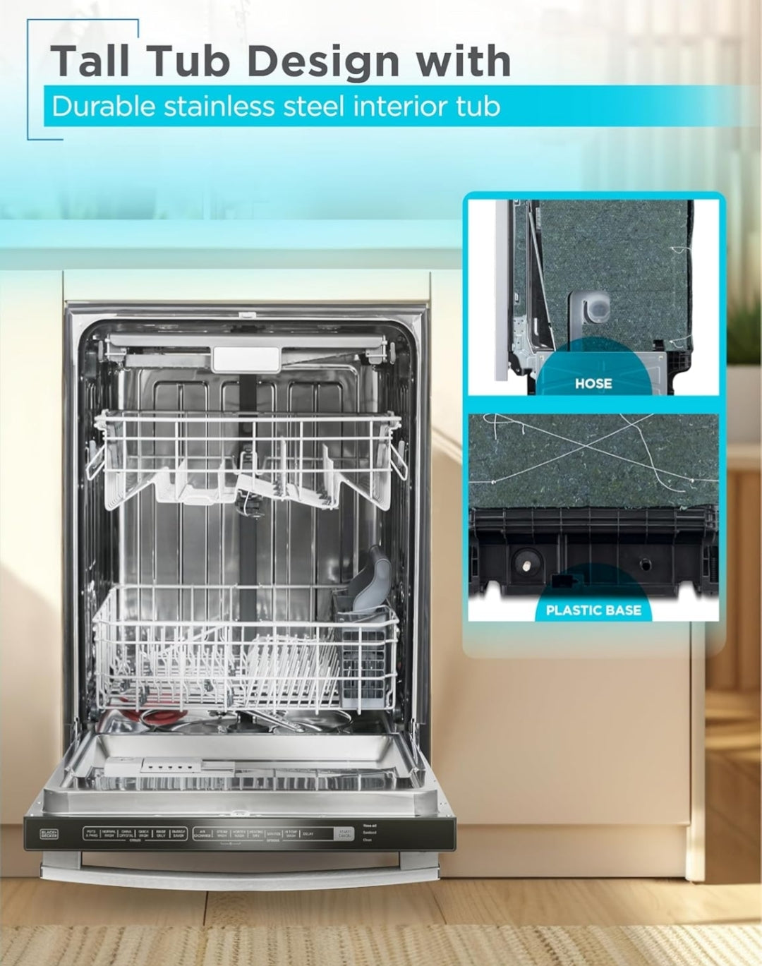BLACK+DECKER 24" Designer Series Ingeboude Skottelgoedwasser, 14 Plekinstelling Kapasiteit met Vlekvrye Staalbad, Skottelgoedwasser met 6 Wasprogramme, Lae Geraas, ENERGY STAR Gesertifiseer, BDW500MHS