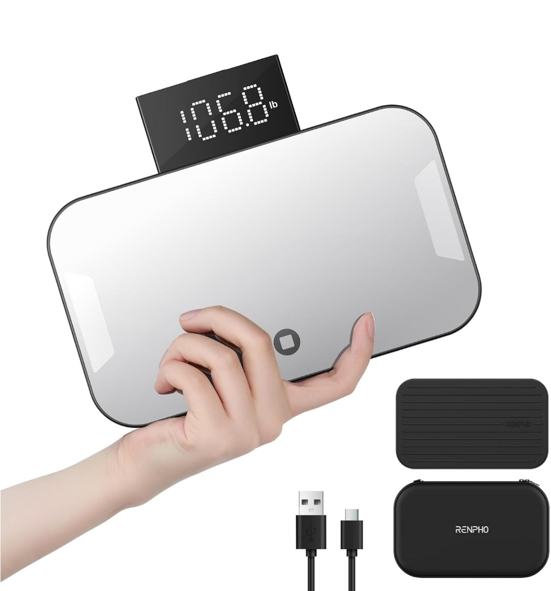 Portable Rechargeable Travel Weight Scale w/ Travel Makeup Mirror, Slide-Out LED Display, Digital High Accurate Scale