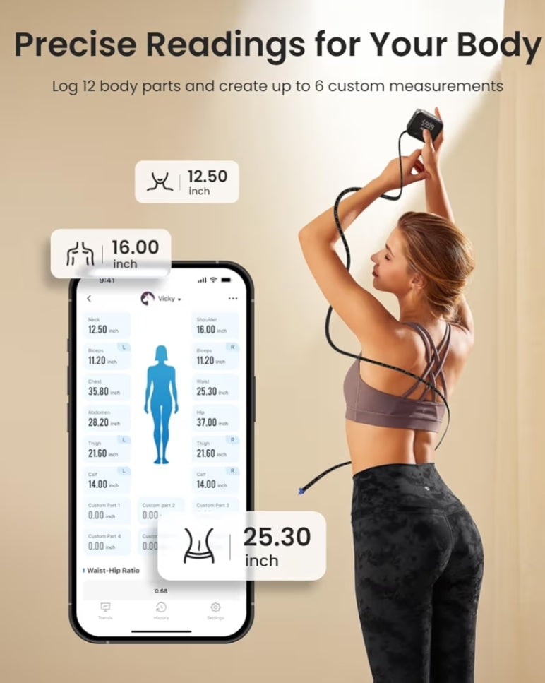 Smart Body Measuring Tape, Rechargeable Tape Measure w/ LED Display with App for Weight Loss & Fitness Shape, Retractable, 60in /150cm (Black)