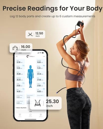 Smart Body Measuring Tape, Rechargeable Tape Measure w/ LED Display with App for Weight Loss & Fitness Shape, Retractable, 60in /150cm (Black)