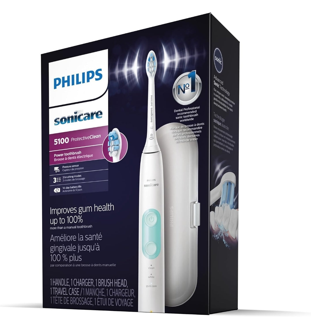 Philips Sonicare ProtectiveClean 5100 Herlaaibare Elektriese Tandeborsel, met Druksensor, 3 Skoonmaakmodusse, SmarTimer en QuadPacer Reiskas - Wit, Model HX6857/11